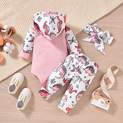 Newborn Infant Baby Girl Dinosaur Outfit Long Sleeve Hoodie Romper Bodysuit and Pants with Headband Set3