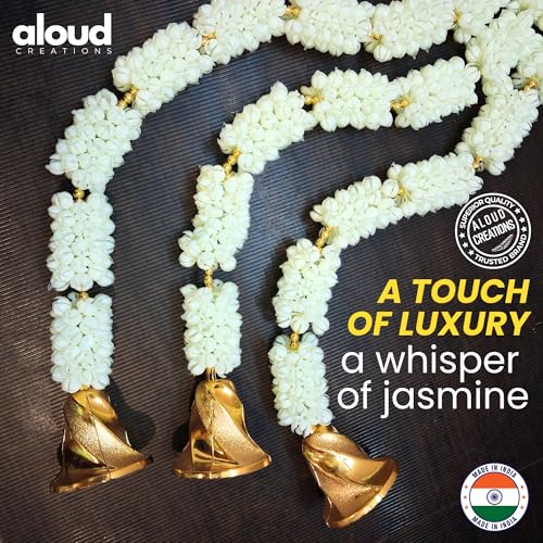 Image of ALOUD CREATIONS 6Pc Decorative Artificial Mogra (Jasmine) Flower Garlands String with Bell for Diwali, Home Decoration, Pooja Room, Wall Hanging Toran, Main Door Wedding Decor - 2.5 feet / 30 inches