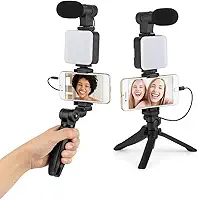 Kit Gravação para Celular 4 em 1, Tripé com Controle Remoto, Ring Light LED, Microfone P2, Bastão Selfie