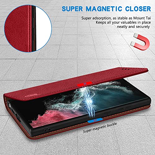 Image of ZZXX for Samsung Galaxy S22 Ultra Wallet Case with [RFID Blocking] Card Slot Stand Strong Magnetic Leather Flip Fold Protective Phone Case for Samsung Galaxy S22 Ultra Case Wallet(Red-6.8 inch)