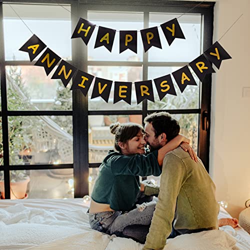 Image of Happy Anniversary Banner Black Banner,Hanging Sign Garland for wedding Birthday Party Ceremony Decoration