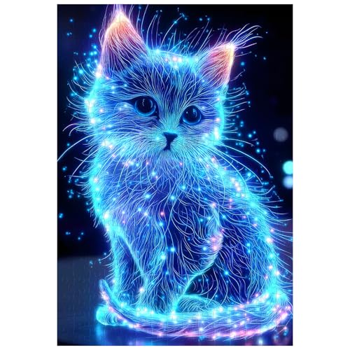 Great Jigsaw Puzzles for Adults 300 Pieces Animal Cute Blue Glowing Cat Challenging Puzzles for Adults Gift for Friends Family Home Decoration Puzzle