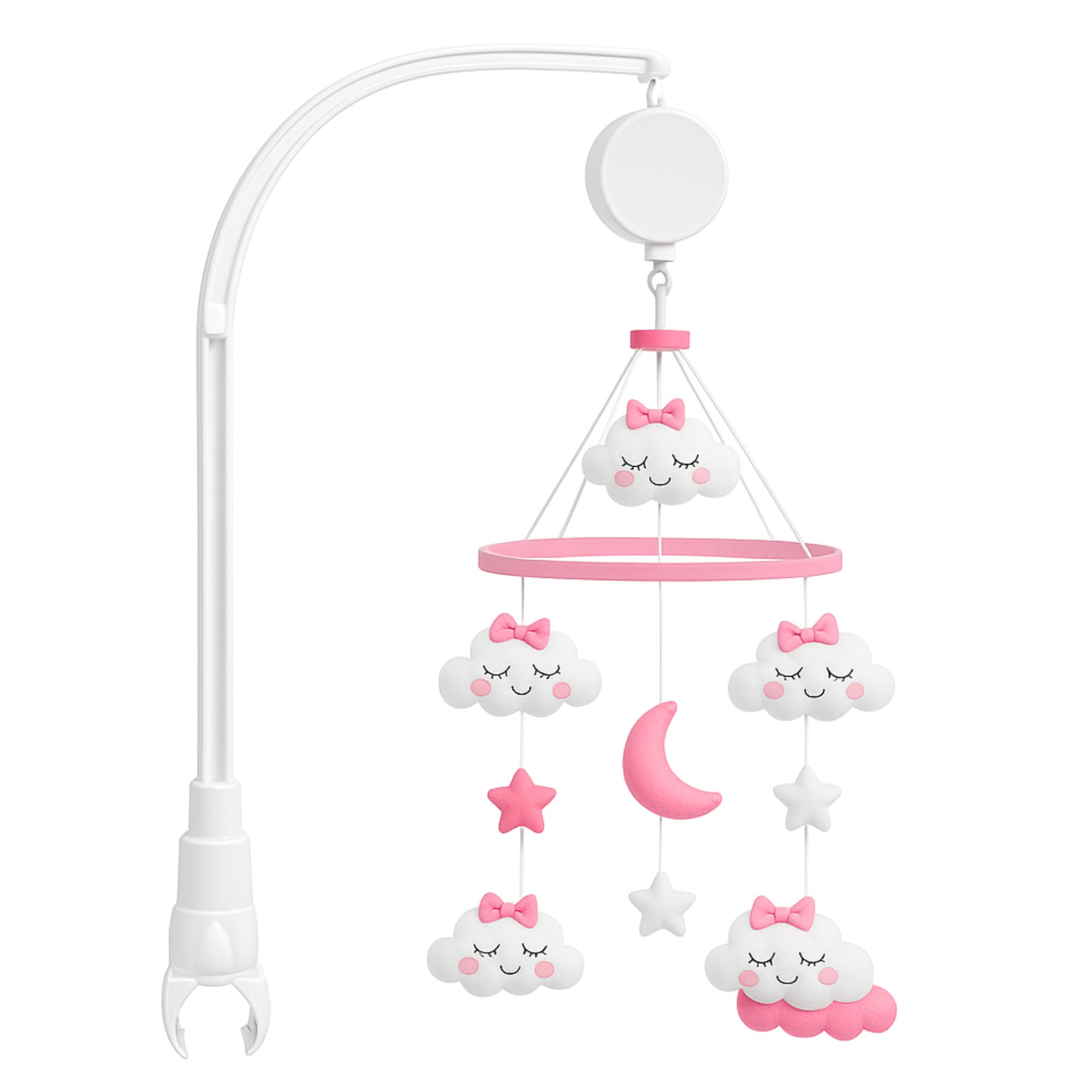 Baby Crib Mobile for Girls with Arm & Music Box | Pink Felt Clouds & Stars Design | Sensory & Soothing Baby Nursery Decor. Easy to Install