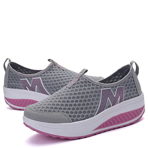 SAGUARO Ladies Toning Rocker Shoes Womens Mesh Slip On Wedges Tennis Platform Walking Sneakers, Grey