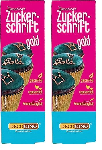 Decocino Zuckerschrift in Gold Lebensmittelfarben-Schrift praktische Tube zur Beschriftung von Fondant & Glasuren Back-Deko für Torten, Kuchen & Cup-Cakes! (Packung mit 2)