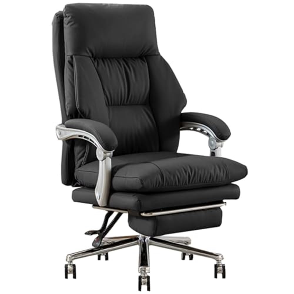 HTTGDGDH Prem Black Leather Executive Office Chair - Swivel Adjustable Height Retractable Footrest & Lumbar Support - Ideal For Home Office & Conference Room,