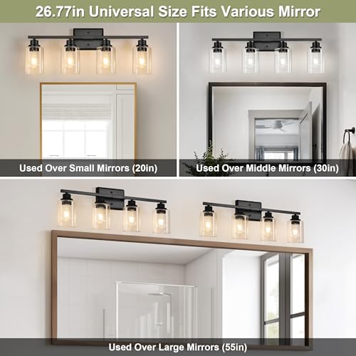 Image of Unicozin Modern Bathroom Light Fixtures, 4 Light Vanity Lights Over Mirror, Black Wall Lamp with Clear Glass for Living Room Cabinet Bedroom Porch