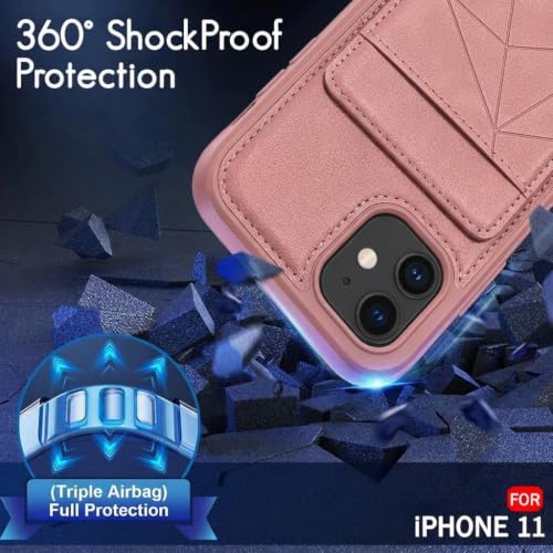 Image of amazon basics Premium Vegan Leather Back Cover with Card Holder and Integrated Mobile Stand for iPhone 11 - Slim Shockproof Wallet Case with Geometric Stitching [Pink]