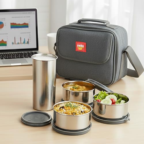 Image of CELLO MF Fab Lunch Box with Bag for Office Use, Grey | 315 ml x 4 Stainless Steel Containers with 510 ml Steel Tumbler, Airtight Leak Proof Easy to Carry with Strap Tiffin Box for Travel & Daily Use