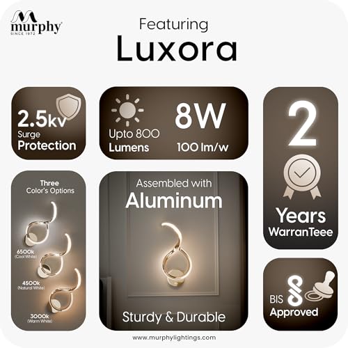 Image of Murphy Luxora Elegant LED Wall Lamp for Home - 2 Years Warranty - Modern Aluminium Light with 3 Color Modes (French Gold, Pack of 2)