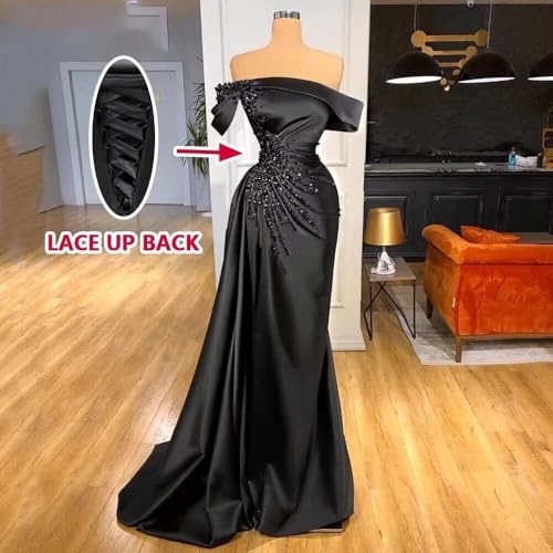 Mermaid Prom Dresses for Women Beaded Satin Off Shoulder Formal Dress with Slit3