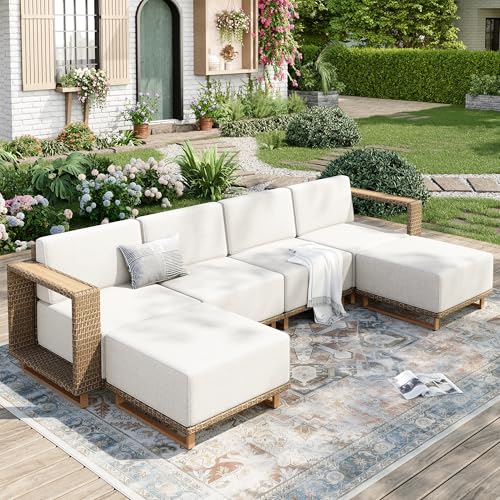 MIXPATIO Outdoor Patio Furniture Set, 6 Piece Outdoor Rattan Wicker Sofa Couch Set, Sectional Outdoor Conversation Sets with 10' Extra Thick Cushions for Deck Backyard Lawn