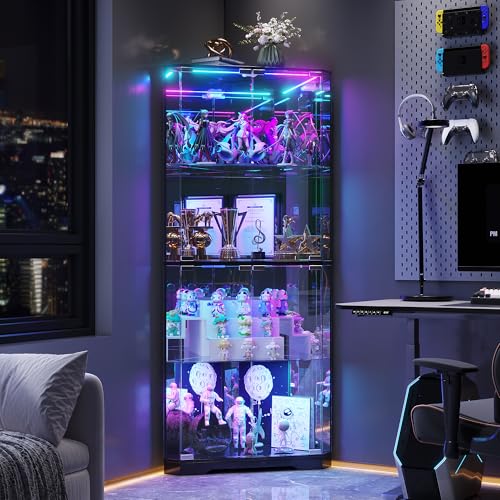 FREDEES 164cm Glasvitrine Stehend Eckvitrine, Vitrinenschrank mit RGB-Beleuchtung für Sammlerstücke, 4-Etagen LED Glas Eck-Kuriositätenschränke für Sammlerstücke/Spielzeug/Bücher, Schwarz