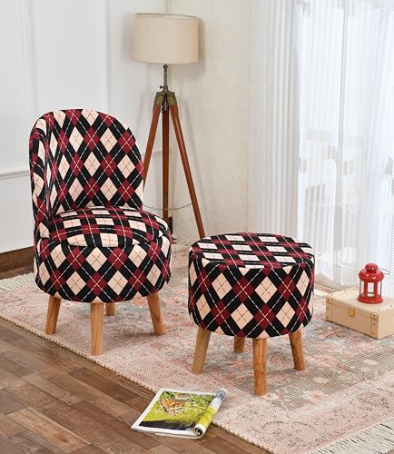 Image of NACIA Velvet Printed Ottoman Chair with Stool Combo | Dressing Table Chair for Bedroom Makeup Room Decor | Modern Upholstered Ottoman with Wooden Legs for Home (18x18x32 Inches, Maroon Cross)