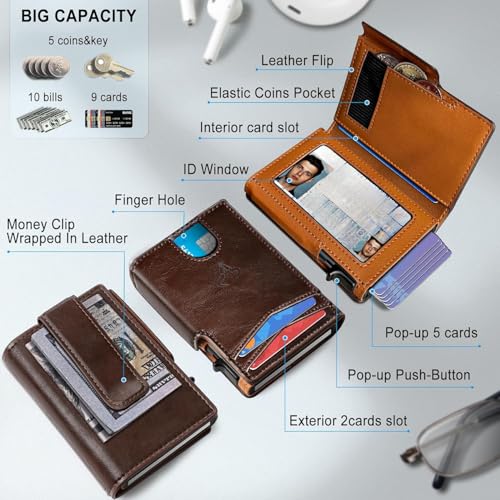 Image of VOGARD Slim RFID Blocking Wallet for Men | Pop-Up Card Holder with Money Clip & Coin Pocket | Magnetic Flip Leather Wallet | Holds 9 Cards, Cash & Keys | Coffee Brown