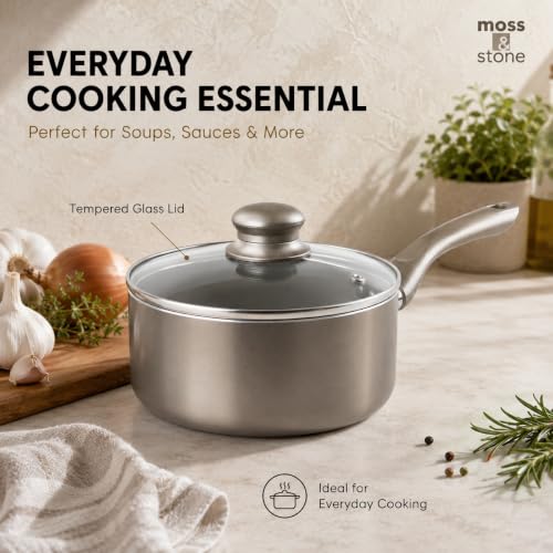 Image of Moss & Stone 6 Pcs Dark Grey Nonstick Cookware Set, Pots And Pans Set Non stick With Glass Lid, Induction Cookware, Stay-Cool Handle PTFE /PFOA Kitchen Pots 6-Piece with Frying Pans & Saucepan