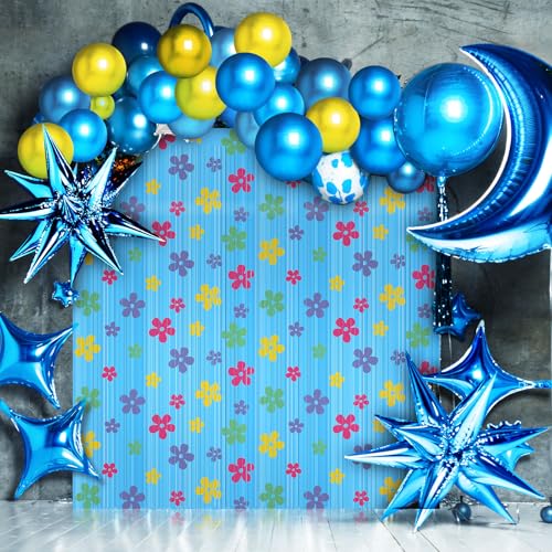 Image of Breling 4 Pcs Sponge Birthday Party Decorations Foil Fringe Photo Backdrop Decor Blue Foil Fringe Curtains Backdrop Flower Decor for Cartoon Birthday Decorations Photo Prop Sponge Party Supplies