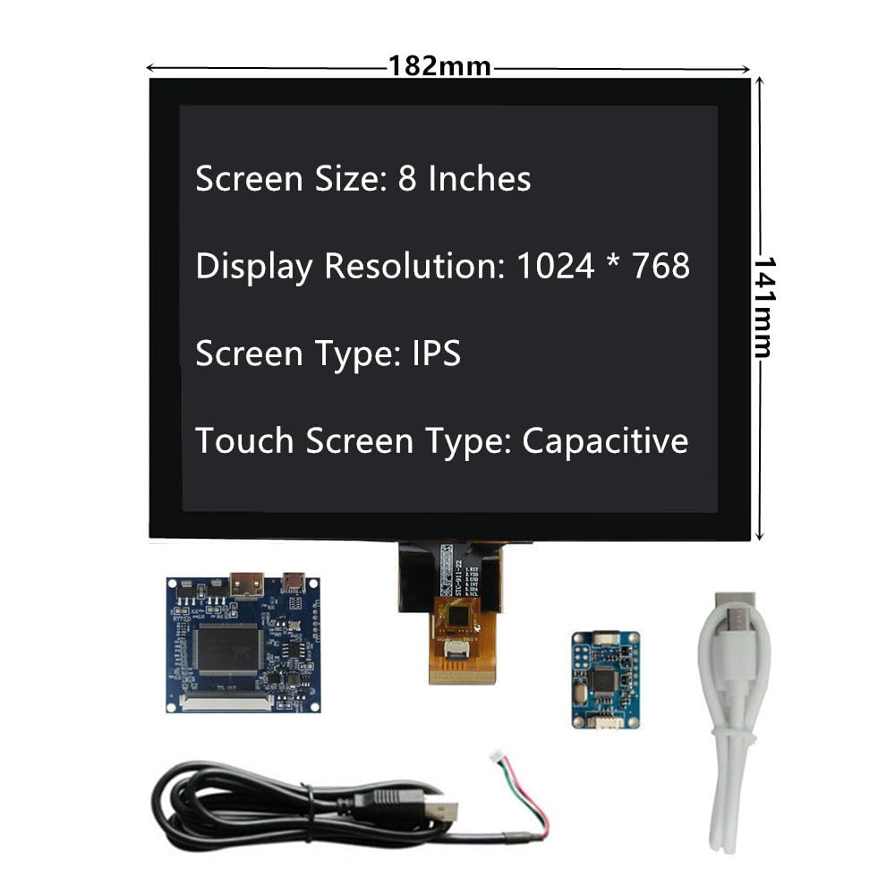 Schermo LCD portatile con touchscreen USB, mini HDMI e scheda driver da 5 V, compatibile con PC Windows, Raspberry Pi, Orange Pi e schede di sviluppo (8 pollici (1024 x 768) 4:3)