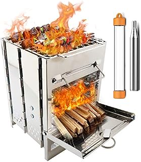 PSKOOK Camping Stove Portable Folding Lightweight Stainless Steel Stove Wood Burning Backpacking Stove Picnic BBQ Cooker with Pocket Bellow (Typ 2)