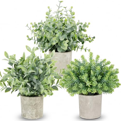 ZAIYW 3PCS Small Fake Plants, Mini Potted Artificial Plants Indoor, Plastic Artificial House Plants Eucalyptus Rosemary for Balcony Office Desk Bedroom Decor (Sage Green)