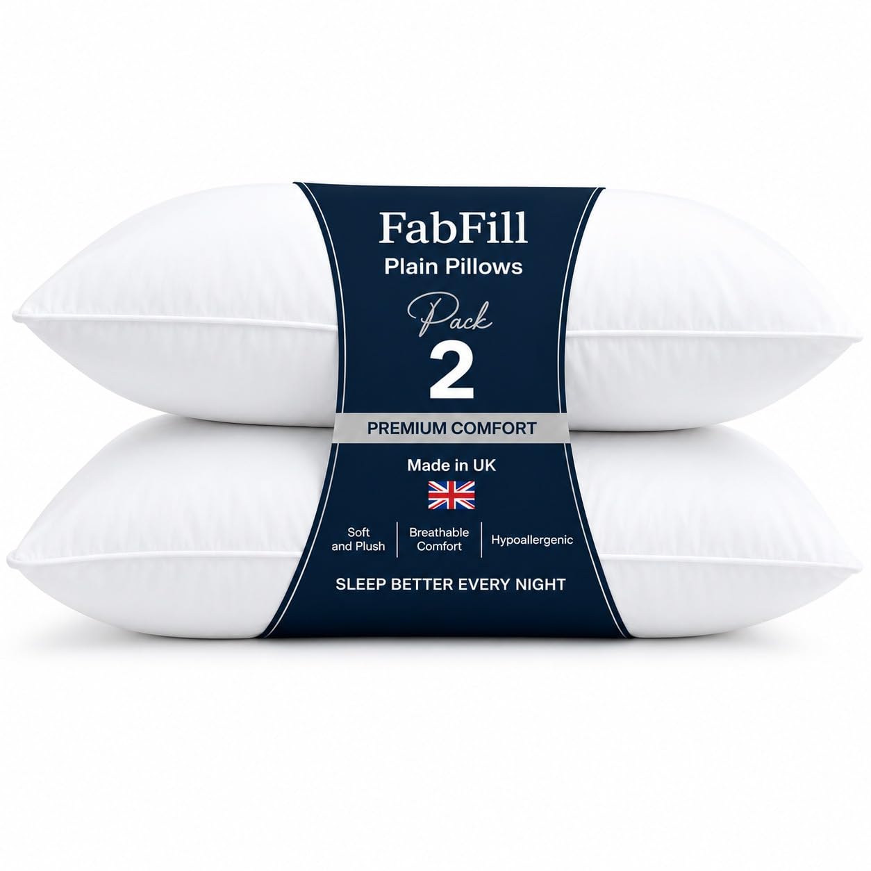 FabFill Pillows 2 Pack – Hotel Quality Plain Bed Pillows, Soft Yet Firm Support for Side Sleepers, Hollowfibre Filling, Hypoallergenic, Bounce Back Pillow for Neck & Shoulder Comfort (Set of 2)