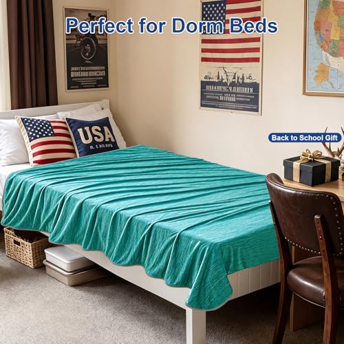 Image of KMUSET Cooling Blanket Twin (60 inchx80 inch), Double Sided Summer Cooling Blankets for Hot Sleepers & Night Sweats, Cool Lightweight Blanket for Dorm Room Essentials, Picnic, Gifts for Women Aqua Green