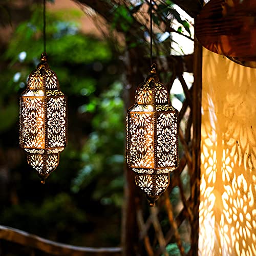 Twinkya Hanging Solar Lights Outdoor Garden Decorative Solar Lantern Waterproof Metal Moroccan Outdoor Decorations For Patio Pathway Yard Porch Backyard Garden Decor (Gold, 1 Pack) #TOP6