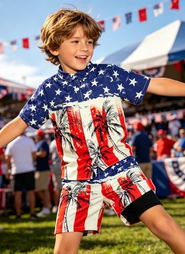 Image of UNICOMIDEA Boys 4th of July Outfits Kids Patriotic Independence Day Tropical Short Sets for 5-12 Years