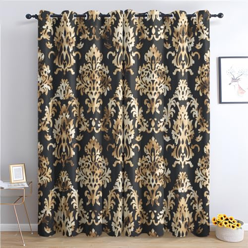 Damask Home Decor Gifts - Damask Curtains for Bedroom Living Room - Black and Gold Baroque Blackout Curtains 90 x 108 Inch (Width x Drop) 2 Panels, Luxury Vintage Eyelet Curtains & Drapes