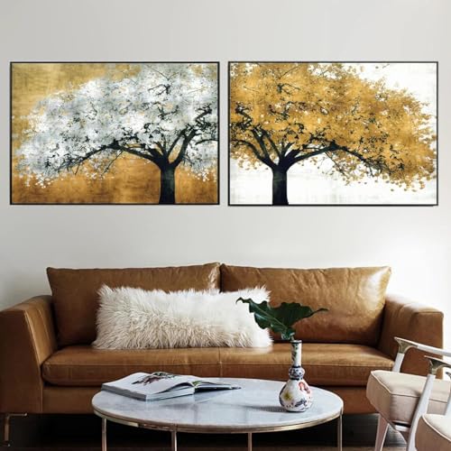 Impression sur toile pour relooker un mur salon tableau arbres dorés vintage