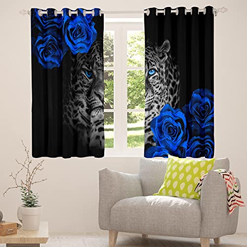 Castle Fairy 3D Leopard Print Curtains For Boys Bedroom,Kids Romantic Blue Floral Room Decor Curtain 84W X 84L Inches,Teens Wild Animals Theme Window Treatments Drapes With Grommets 2 Panels Set #TOP3