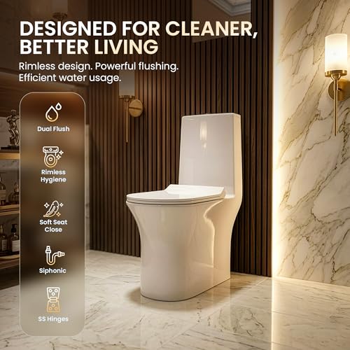 Image of Johnson Sonte One Piece Toilet | Siphonic 300 mm S Trap Western Commode | Floor Mounted Ceramic Toilet | Dual Flush 3 /6L | Soft Close Seat with Quick Release Hinges| 10 Year Warranty