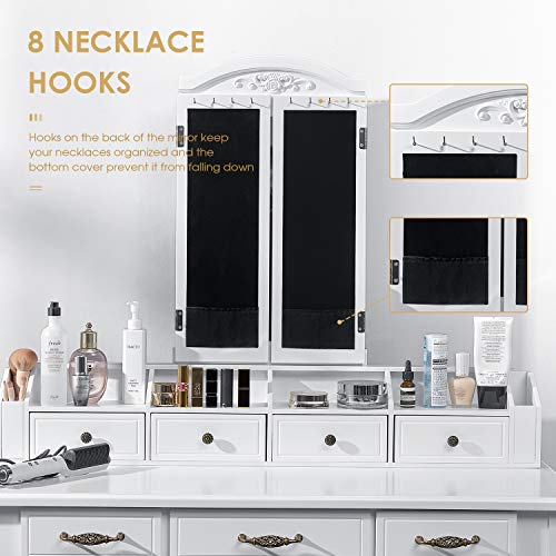 Makeup Vanity Set with Tri-Folding Mirror, 7 Drawers 6 Organizers, Vanity Table with Cushioned Stool Necklace Hooks Behind Bedroom Dressing Table for Girls Women Easy Assembly, White