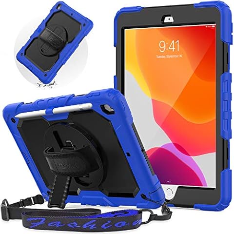 SEYMAC iPad 9th/8th/7th Generation Case,iPad 10.2 Case with Screen Protector Pencil Holder,Full Body Protective Case with Stand,Shockproof Case with Shoulder Strap Hand Strap for iPad 10.2,Blue Cover
