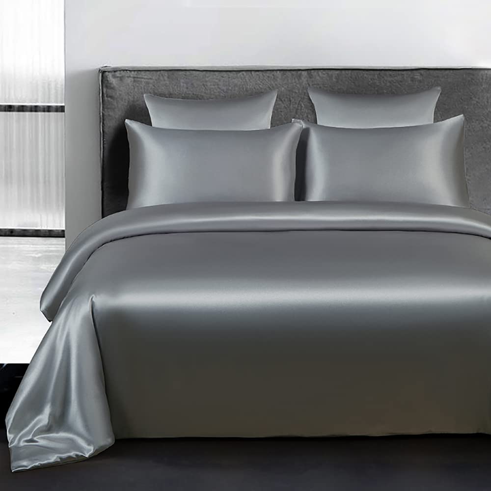 Omela Bettwäsche Satin 135x200 Grau Einfarbig Glatt Glänzend Bettbezug mit Reißverschluss 2 Teilig 100% Glanzsatin Polyester Sommerbettwäsche Set Kissenbezug 80x80 cm