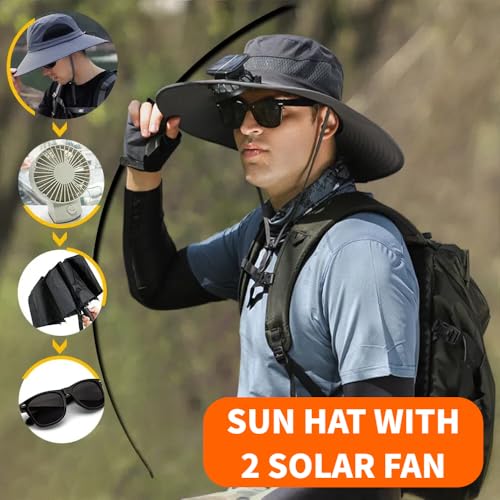 Image of Solar Fan Hat for Men Women,UPF50+ Wide Brim Sun Hats with 2 Built-in Solar Powered Fans for Fishing Outdoor Activities