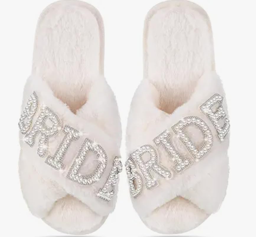 White Bride Slippers for Wedding Day Bridesmaid Slippers Mother of the Bride Gifts for Bridal and Bachelorette Party(Size 7-8)