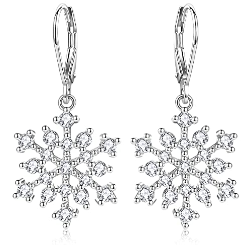 Snowflake Earrings for Woman 925 Sterling Silver Cubic Zirconia Winter Party Flower Snowflake Dangle Drop Earrings Jewelry Chrismas Gifts for Women Girls