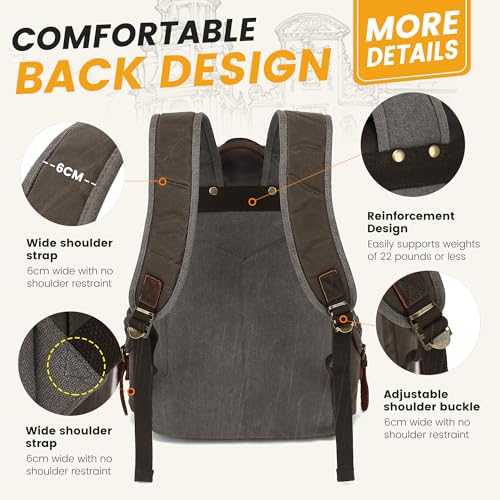 Image of HuaChen Vintage Waxed Canvas Backpack with Genuine Leather Flap, Travel & Work Rucksack, Water-Resistant Daypack with Anti-Theft Pocket, OVERSIZE - M80 Grey XL