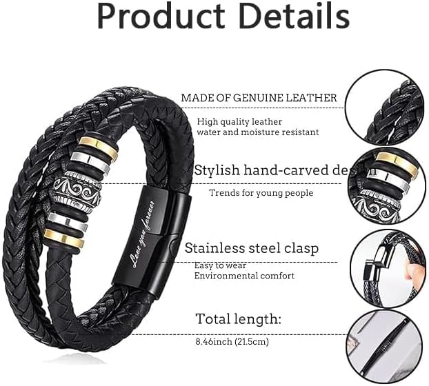 To My Son/Grandson Bracelet From Mom Grandmother, Forever Linked Together Black Braided Leather Infinity Knot Inspirational Bracelets Engraved Love You Forever Birthday Gift Jewelry - Image 4