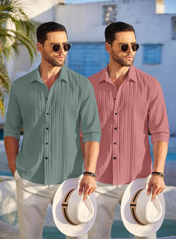 Image of FINIVO FASHION Men's Cotton Blend Shirt Set Lightweight, Full Sleeves, Plain Texture, Button Closure, Summer Ready (Pack of 2)
