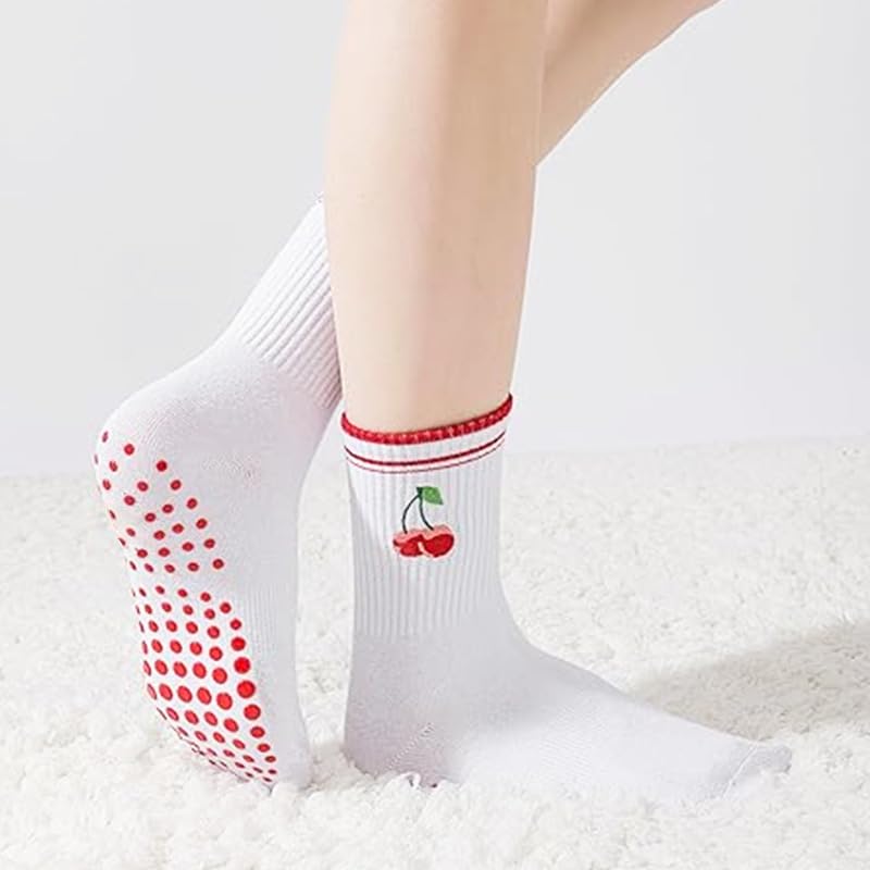 Cute Pilates Socks for Women Grip Crew Yoga Socks Embroidery Cherry Pattern Workout Ballet Sticky Athletic Slipper Sock Non Slip Cotton Crew Sock for Yoga Barre Dance House Hospital2