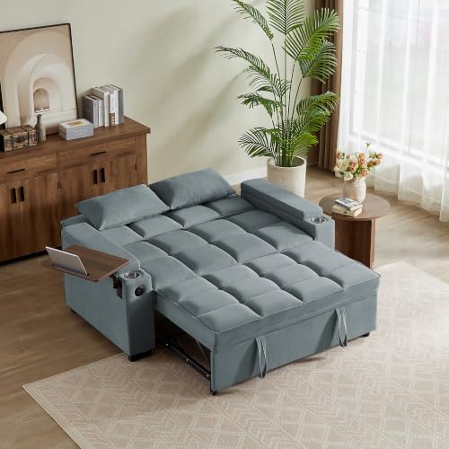 Image of KCGKCG 65 inch Pull-Out Sleeper Sofa Bed, Adjustable Backrest, Light Blue
