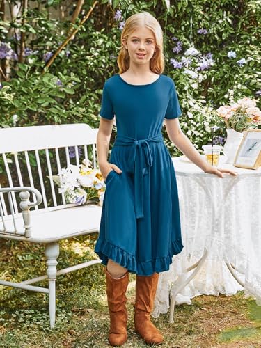 KYMIDY Girls Short Sleeve Swing Dress Kids Ruffle Loose Casual Twirl Belted Dresses with Pockets for Girls 6-12 Years3