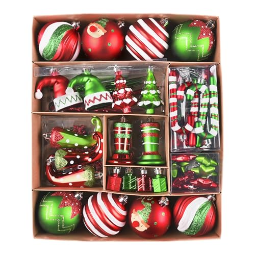 Valery Madelyn Christmas Ball Ornaments Set, 80ct Elf Red Green White Shatterproof Christmas Tree Decorations, Variety Decorative Hanging Ornaments for Xmas Trees Bulk Holiday Party Decor