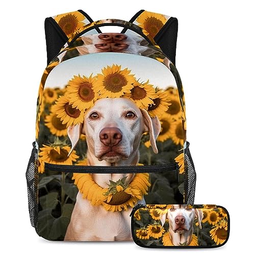Sac à dos tournesol chien avec trousse pour l'école et voyage