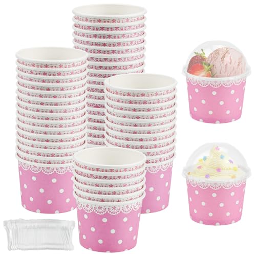 Kleemeiero 50 PCS Tarrinas de Helado 100ml, Vasos de Papel para Helado con 50 Tapas y Cucharas, Tazas de Papel para Helados Cuencos Aperitivos para Pudín Yogur Helado en Fiesta Cumpleaños Bodas- Rosa