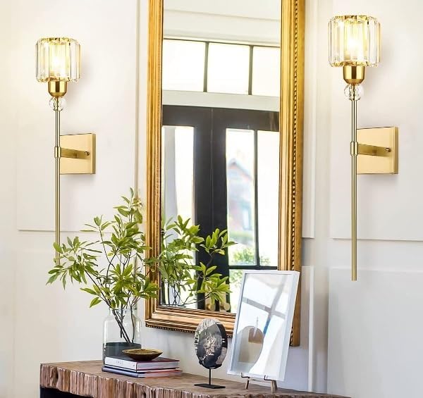 Miniatura 2 de Juego de 2 apliques de pared dorados modernos que funcionan con pilas, sin cableado, recargable, con control remoto inalámbrico, lámpara de pared