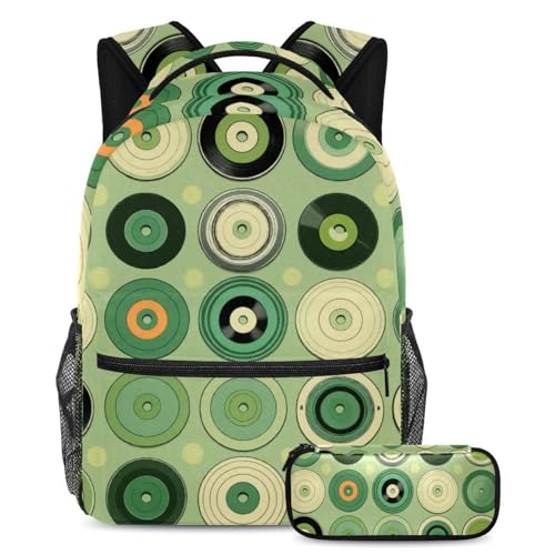 Sac à dos d'école design Green Records multicolore fonctionnel avec trousse assortie