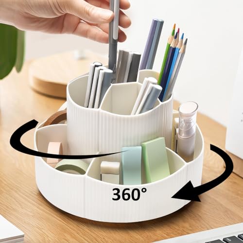 GGIANTGO Rotating Desk Organizer, 360° Rotating Pencil Pen Holder for Desk, Desk Organizers and Accessories with 11 Slots Pencil Organizer, Art Supply Storage Box Caddy for Office (Beige)